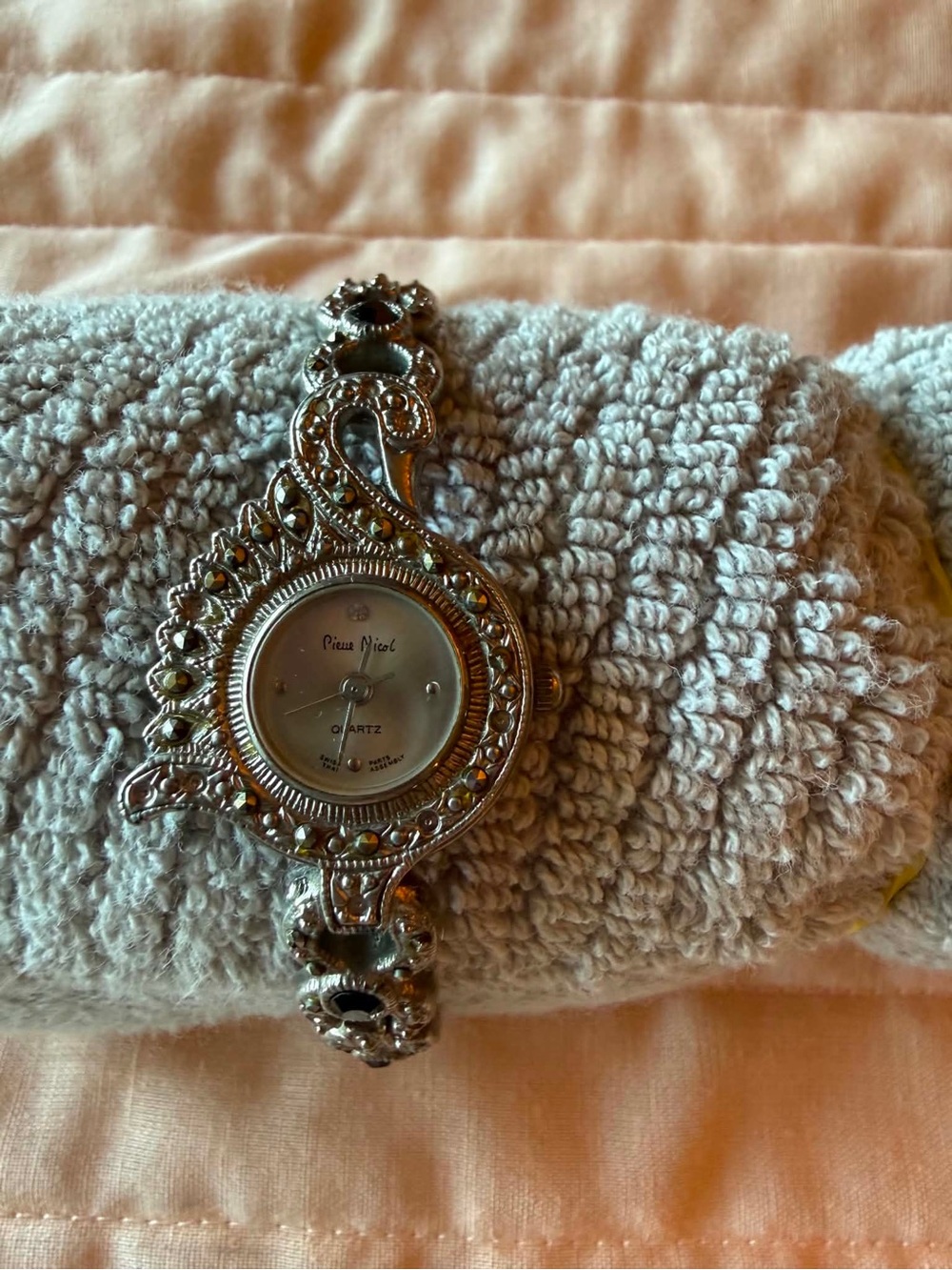 Vtg Pierre Nicol Watch Women Silver Tone Marcasite (working)